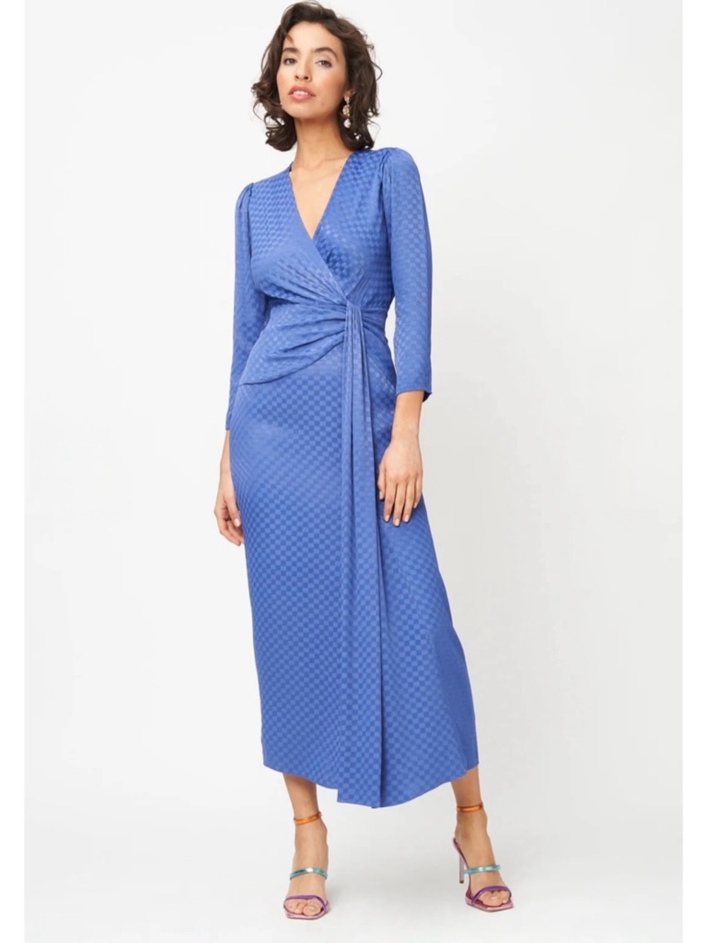 FRESHA Blue Check-Textured V-Neck Dress size small New